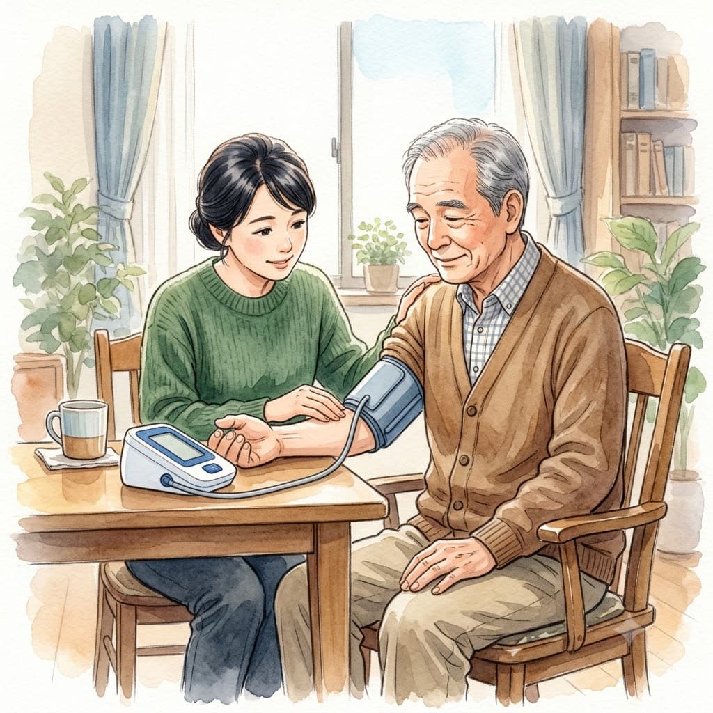 運動の前に血圧を測る高齢男性と見守る家族