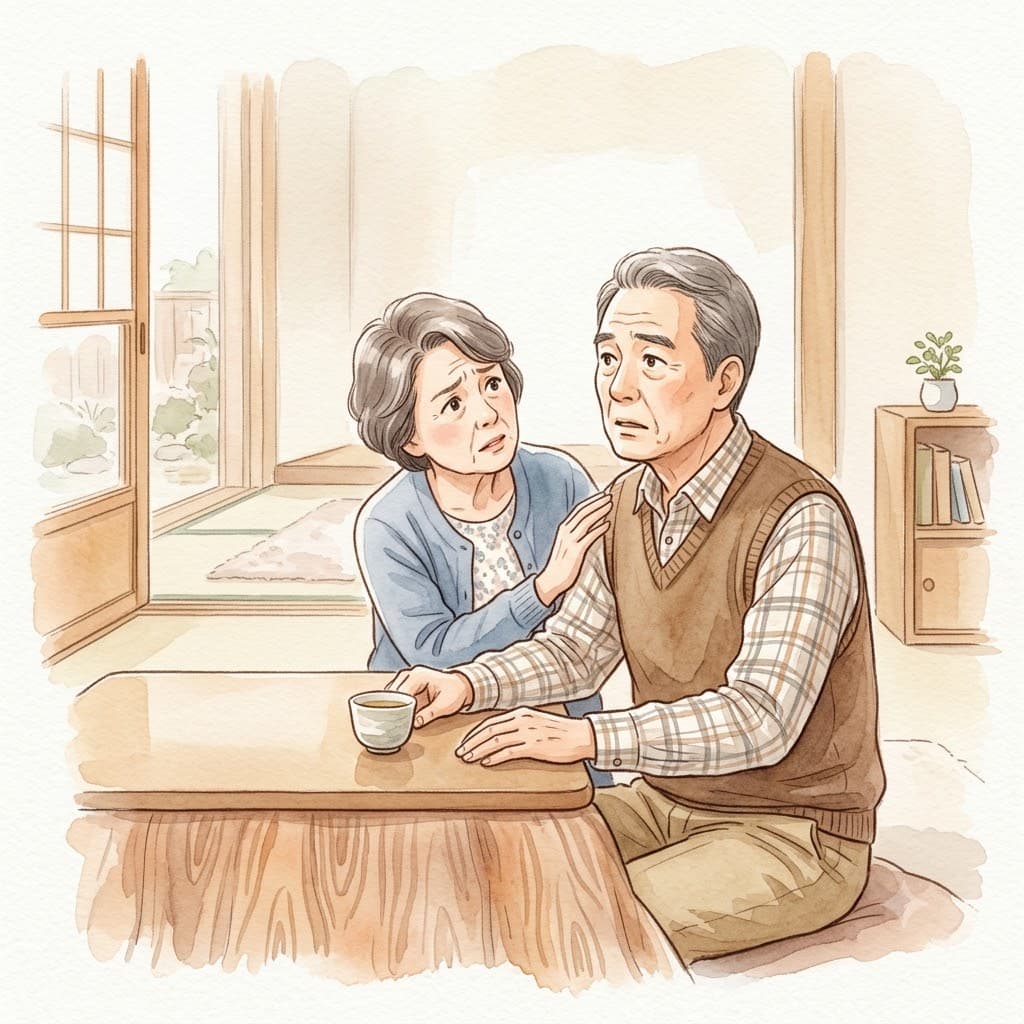目の前の家族を別人と感じてしまうカプグラ症候群のイメージを表す水彩イラスト