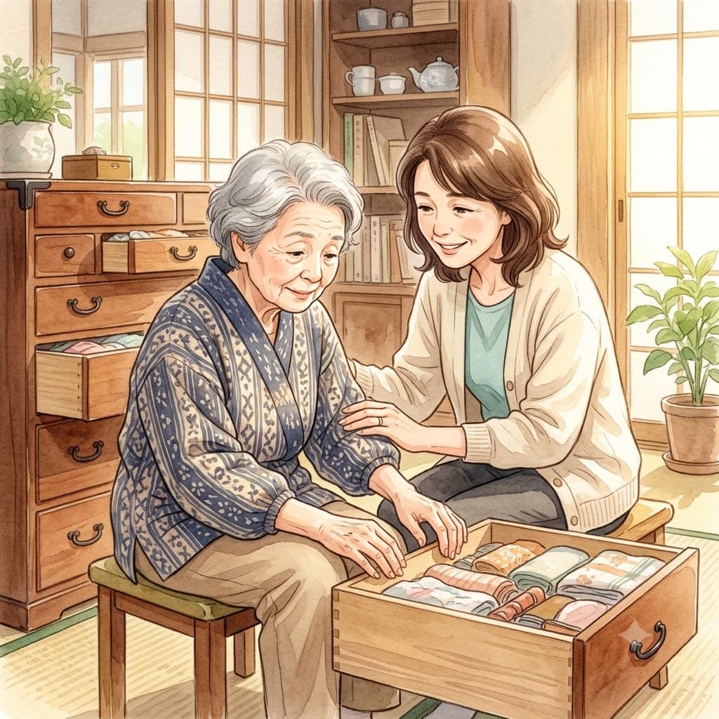認知症の親の訴えを否定せず一緒に探し物をする家族