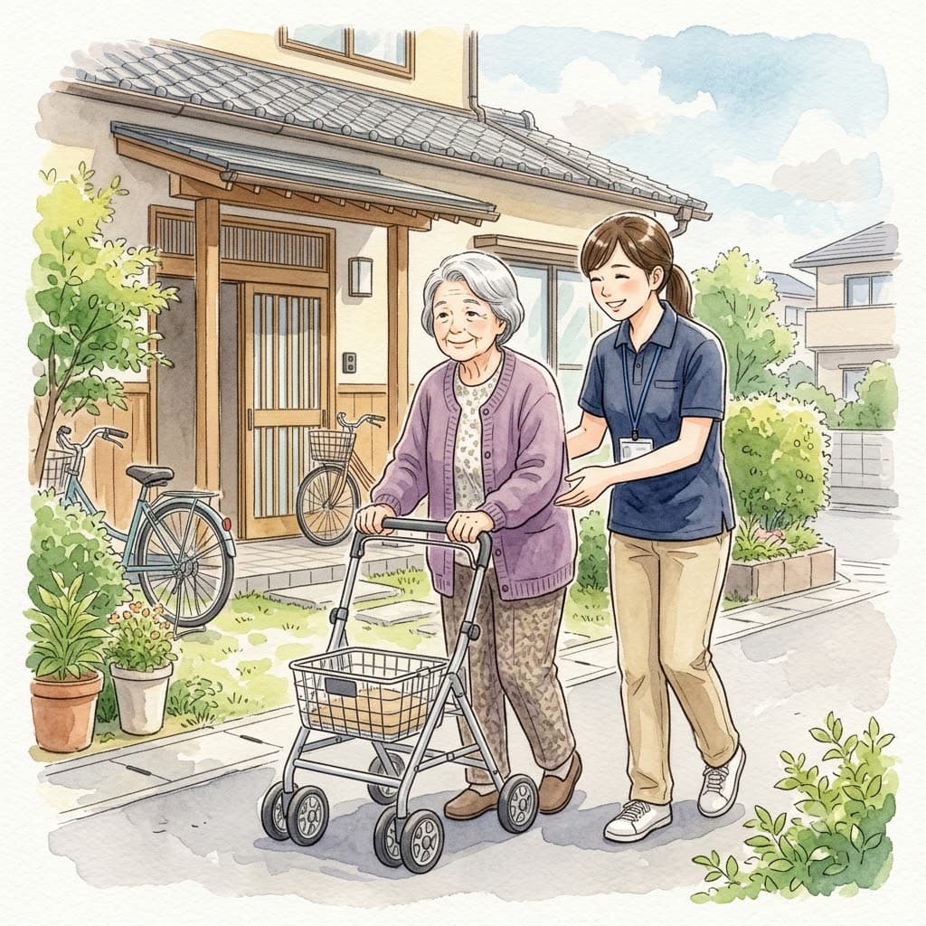 屋外で高齢女性の歩行を見守る訪問理学療法士