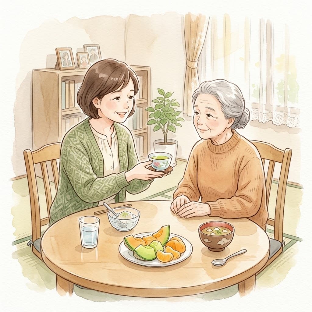 高齢の親にゼリーや果物・お茶など食べる水分をすすめる家族