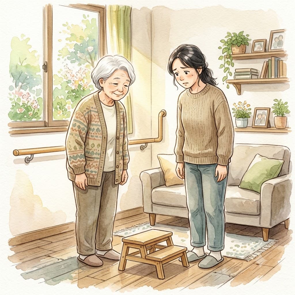 踏み台昇降をさせても大丈夫か話し合う高齢の親と家族