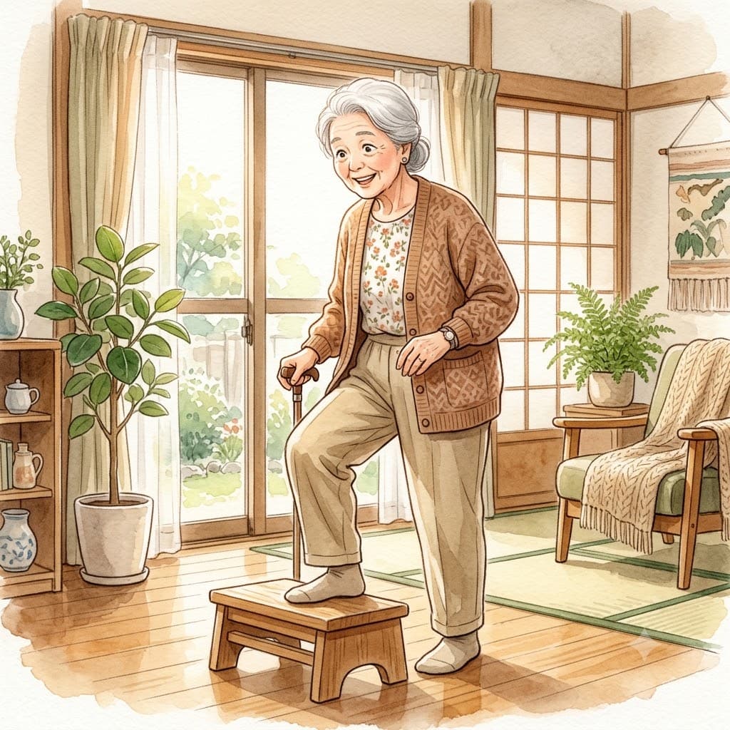自宅のリビングで踏み台を昇り、動きが楽になったと感じる高齢女性