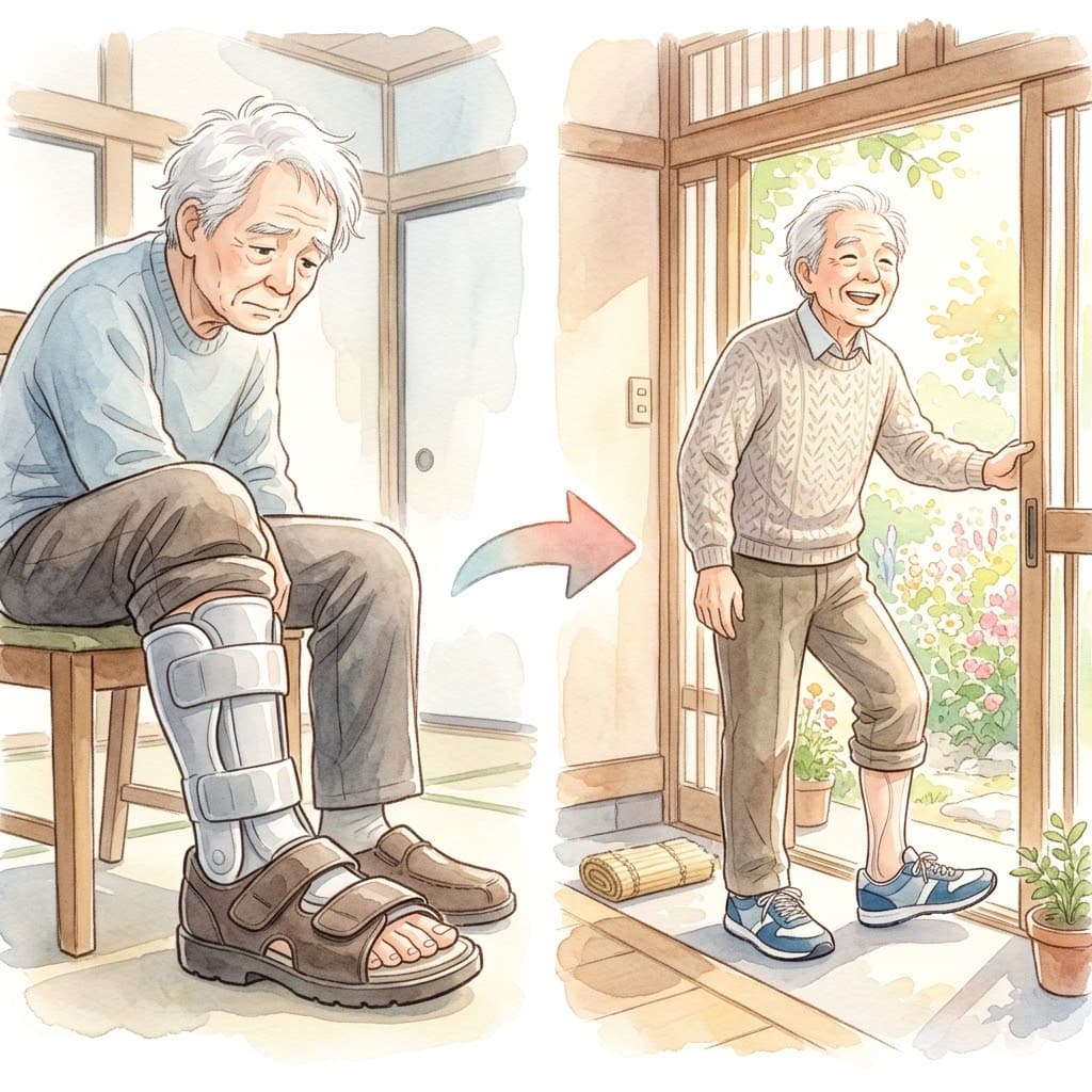 分厚い装具から薄いカーボン装具に替えてスニーカーを履けるようになった高齢者
