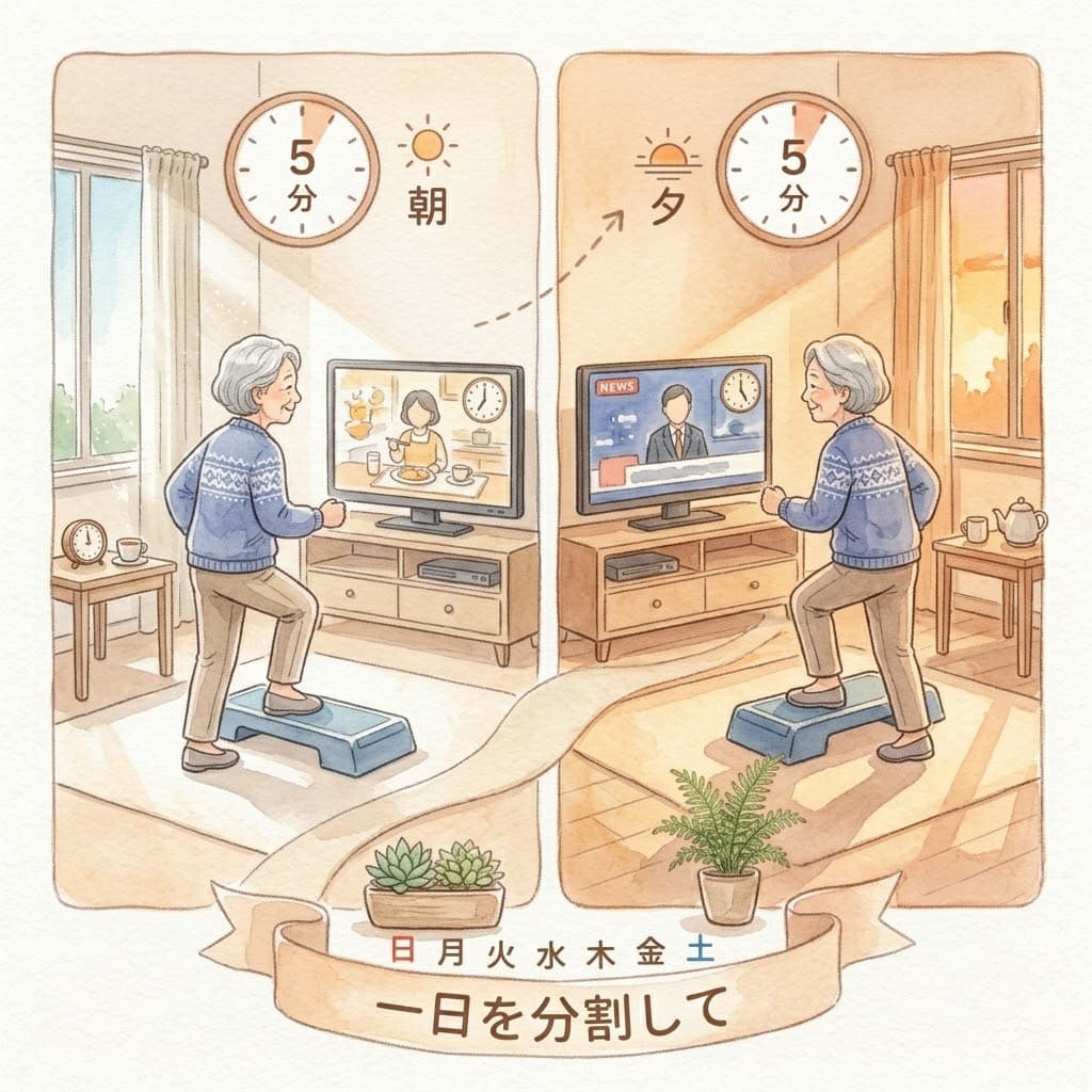朝と夕方に5分ずつ分けて踏み台昇降をする高齢女性のイメージ