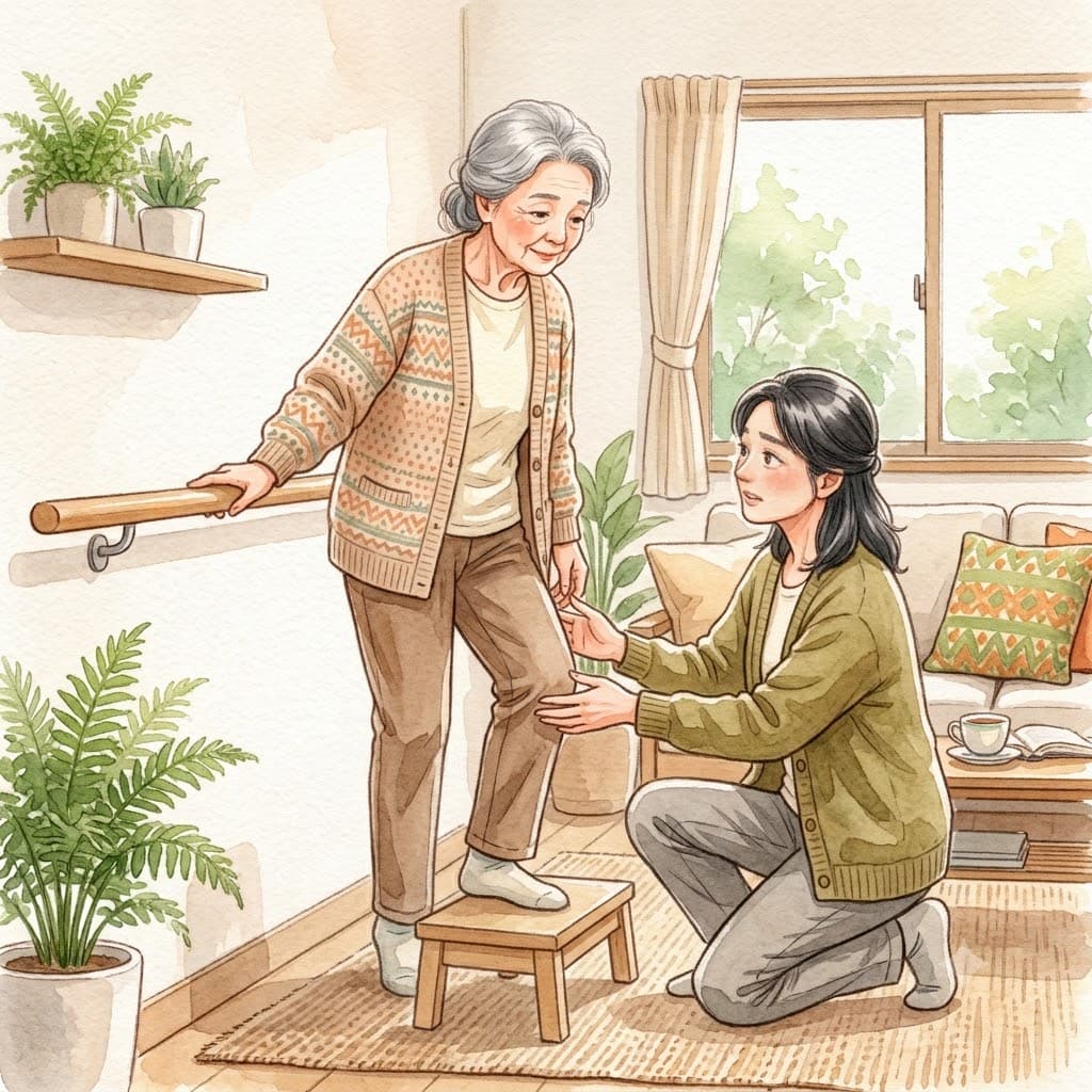 高齢の親の踏み台昇降を横で見守る家族