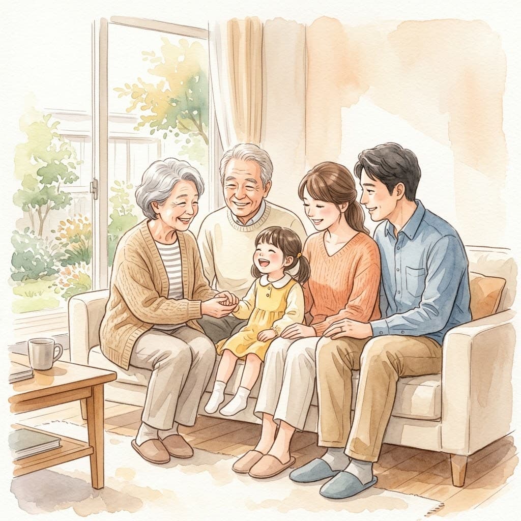 認知症の親に寄り添い、安全に歩ける環境を一緒に整える家族の水彩イラスト