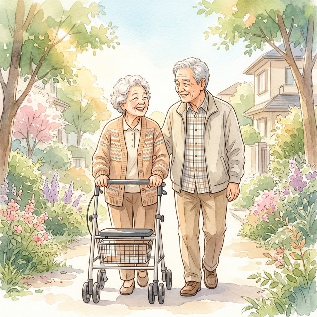 歩行器を使って夫と一緒に散歩する高齢女性のイラスト