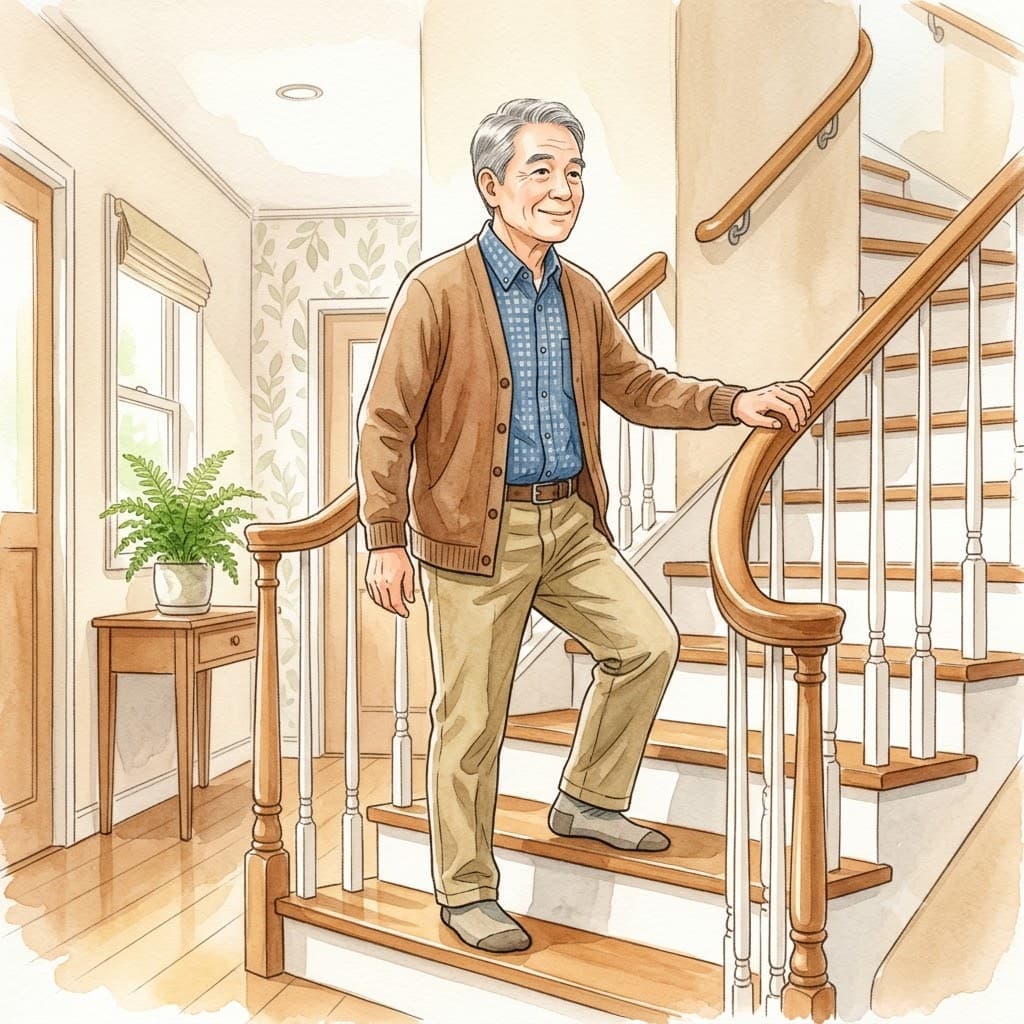 手すりに手を添えて階段をしっかり上る高齢男性、下肢の筋力がついたイメージ
