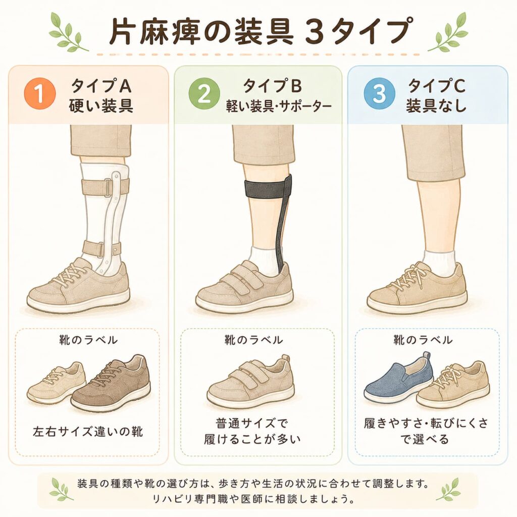 硬い装具・軽い装具・装具なしの3タイプ別に片麻痺の靴選びを比較した図解
