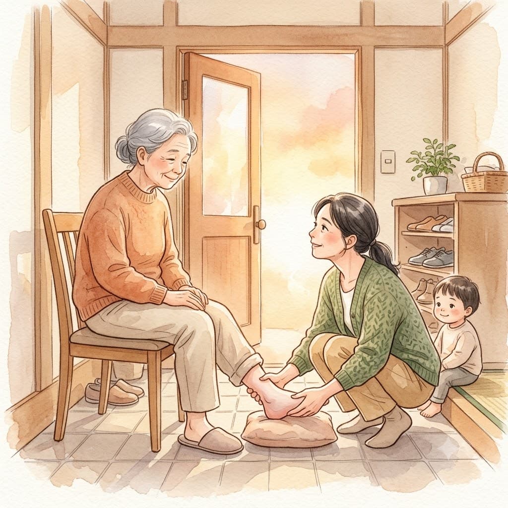 夕方に高齢の親の足を家族が確認するイラスト