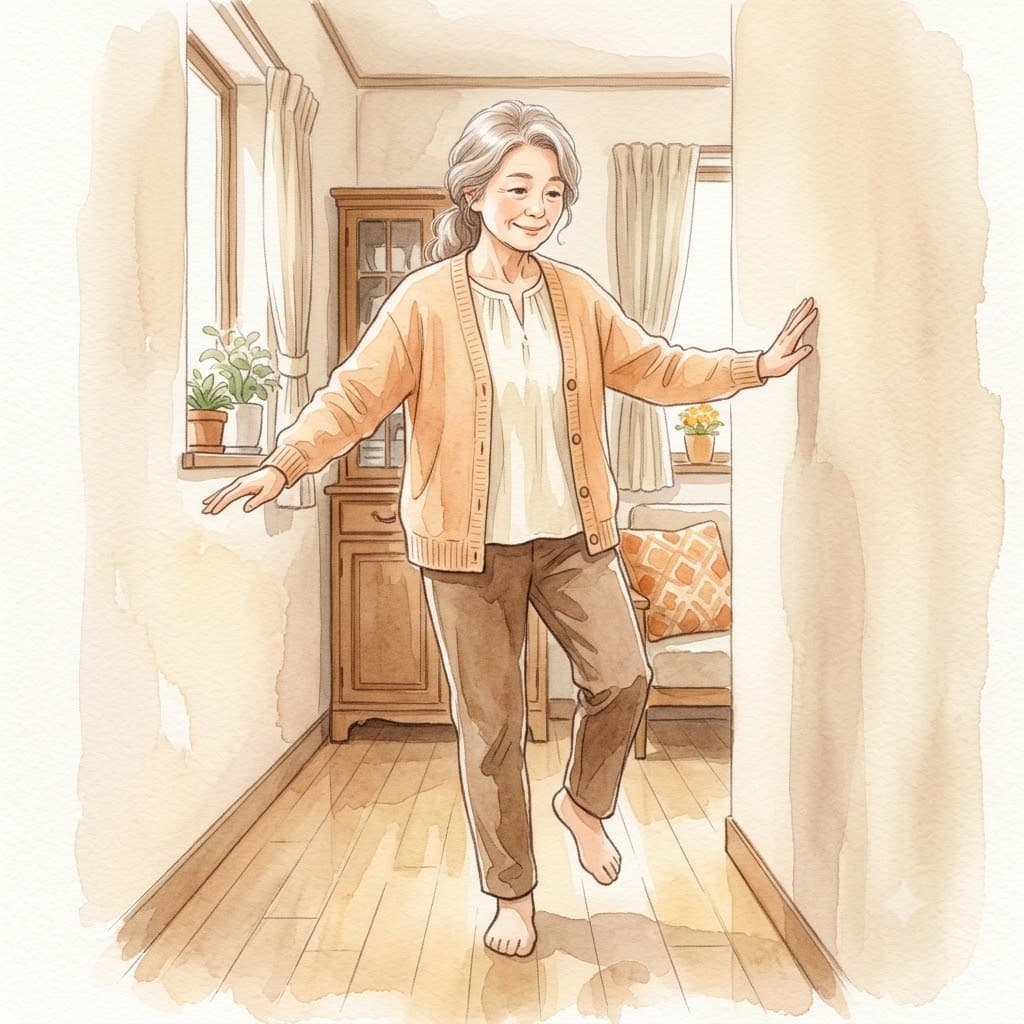 壁のそばで片足立ちのセルフチェックをするシニア女性のイラスト