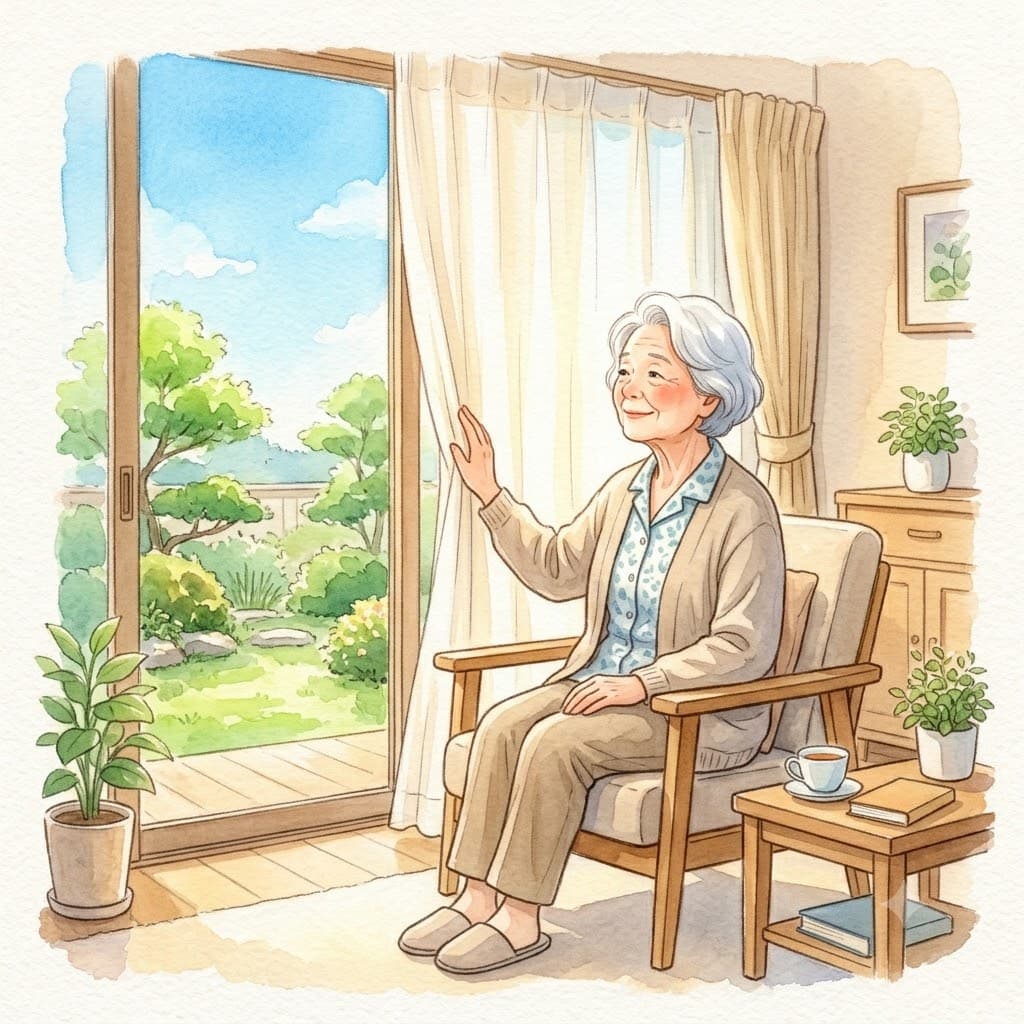 日中に窓辺で朝の光を浴びて過ごす高齢女性(生活リズムを整える)