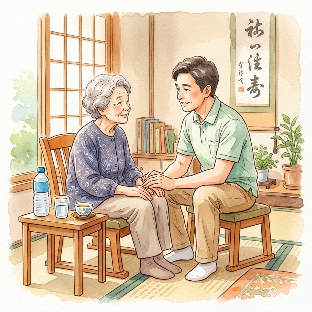 訪問した理学療法士が高齢の利用者に寄り添い体調をたずねる様子