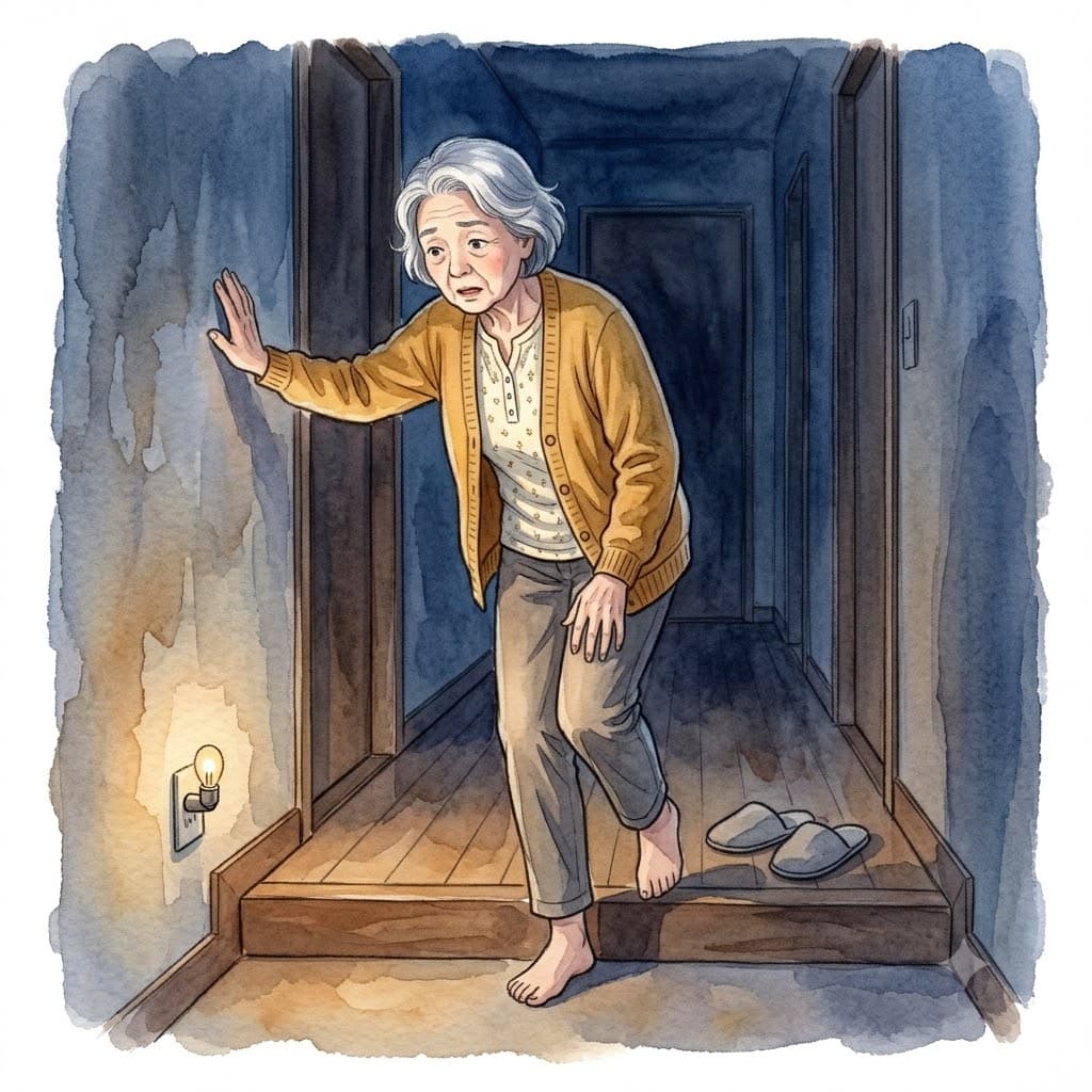 夜間の暗い廊下でふらつき壁に手をつく高齢者のイラスト