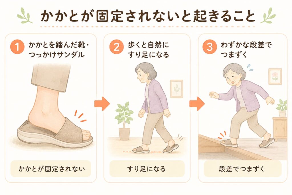 かかとが固定されない履き方でつまずきやすくなる仕組みの図解
