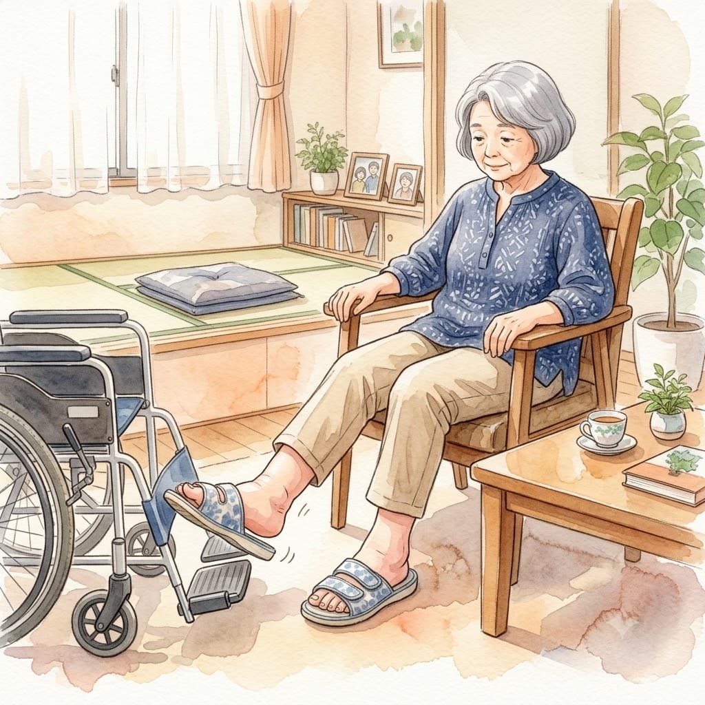 サンダルを履いたむくみのある高齢者の足元のイラスト