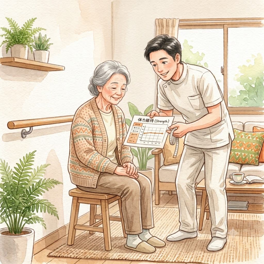 理学療法士が高齢女性に運動の成果を伝える様子