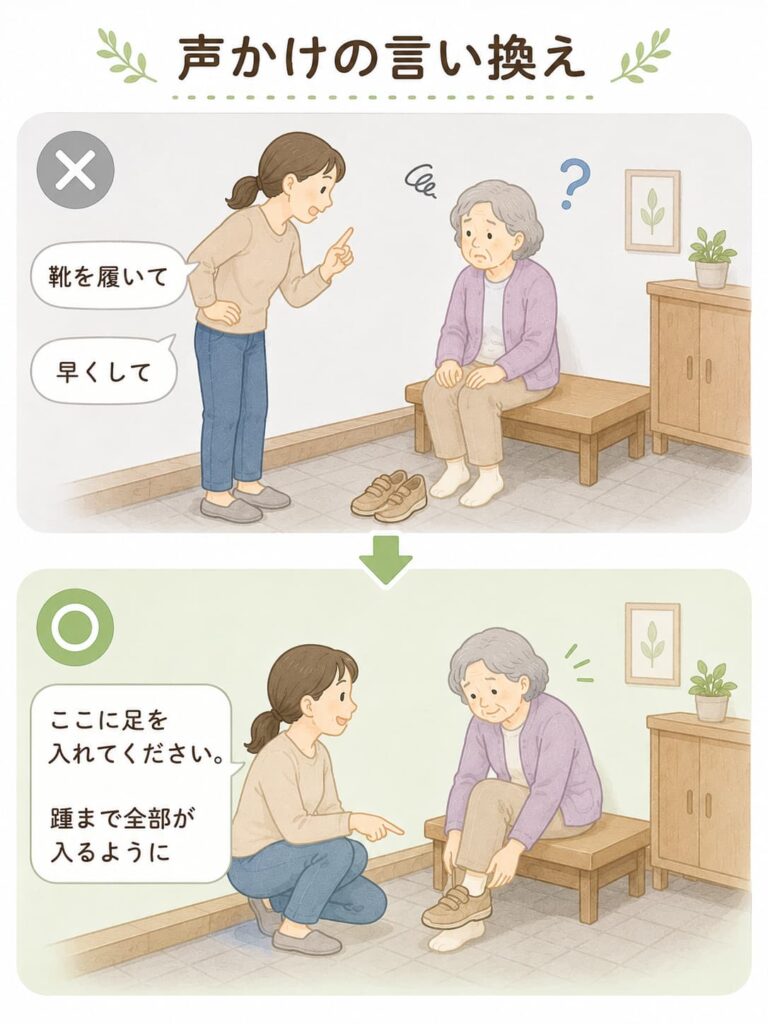 靴を履くときの声かけを具体的に言い換える例を示した図解