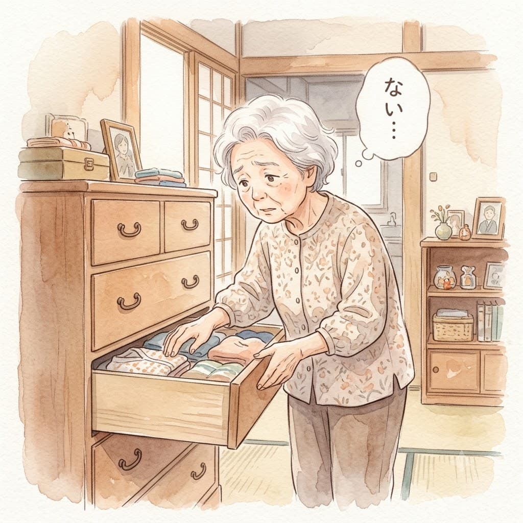 財布が見つからず不安そうに引き出しを探す認知症の高齢女性