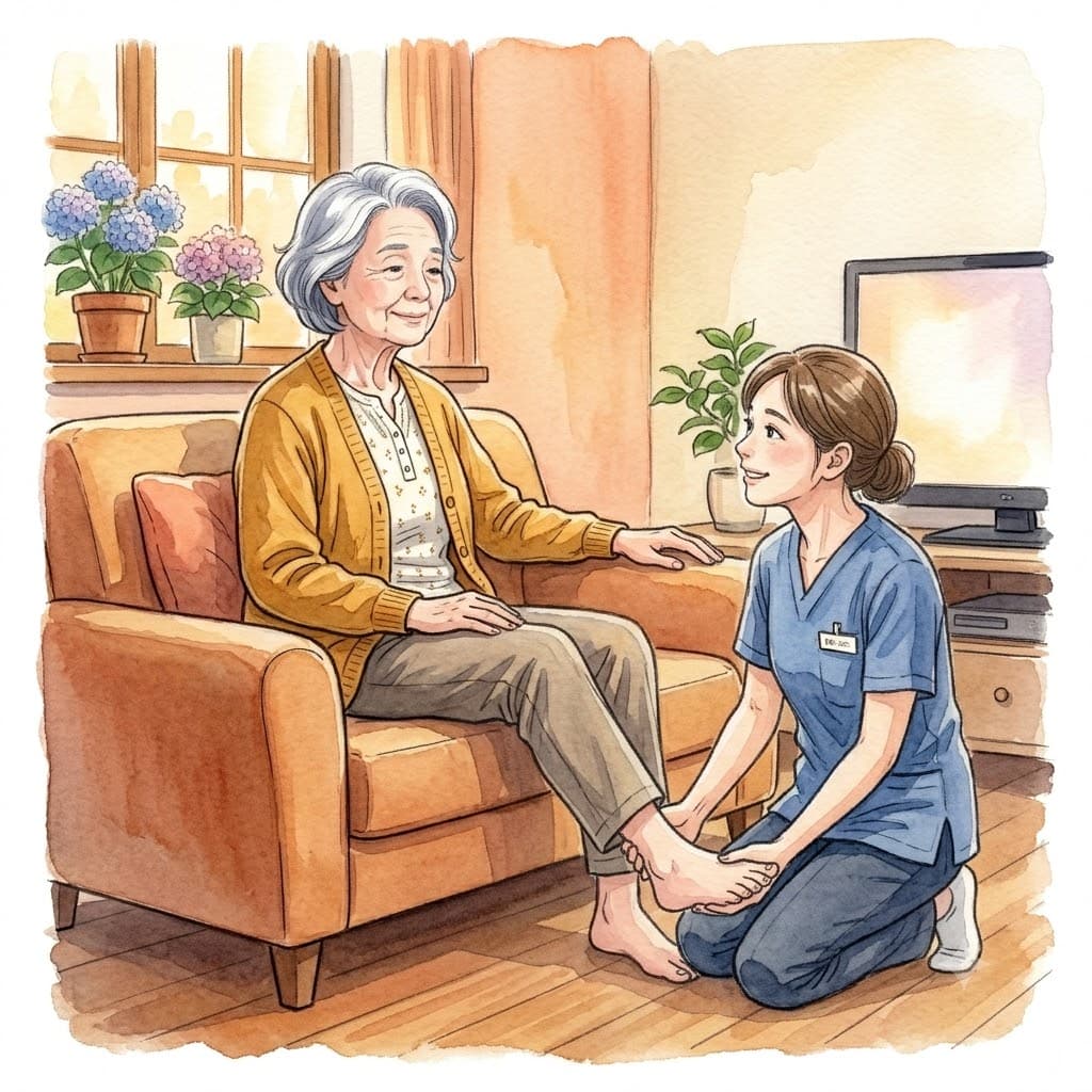 訪問スタッフが高齢女性の足を確認している様子