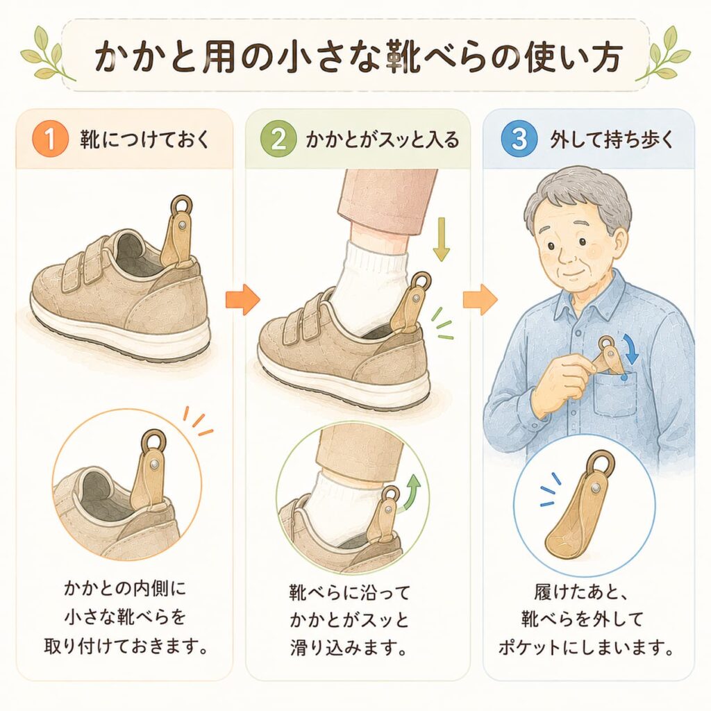 かかと用の小さな靴べらで靴のかかとに足を滑り込ませる様子