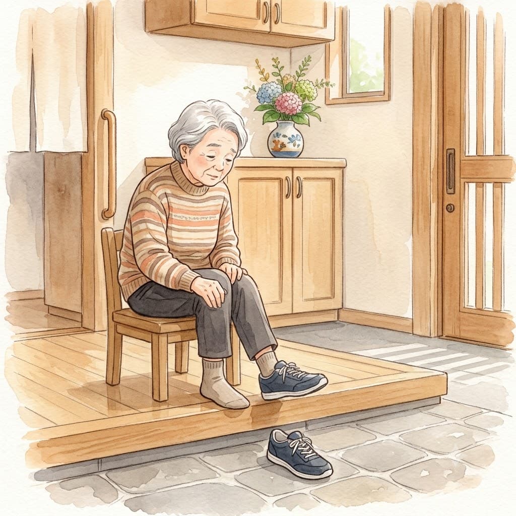 玄関で椅子に座り、落ち着いて靴を履く高齢の女性の水彩イラスト