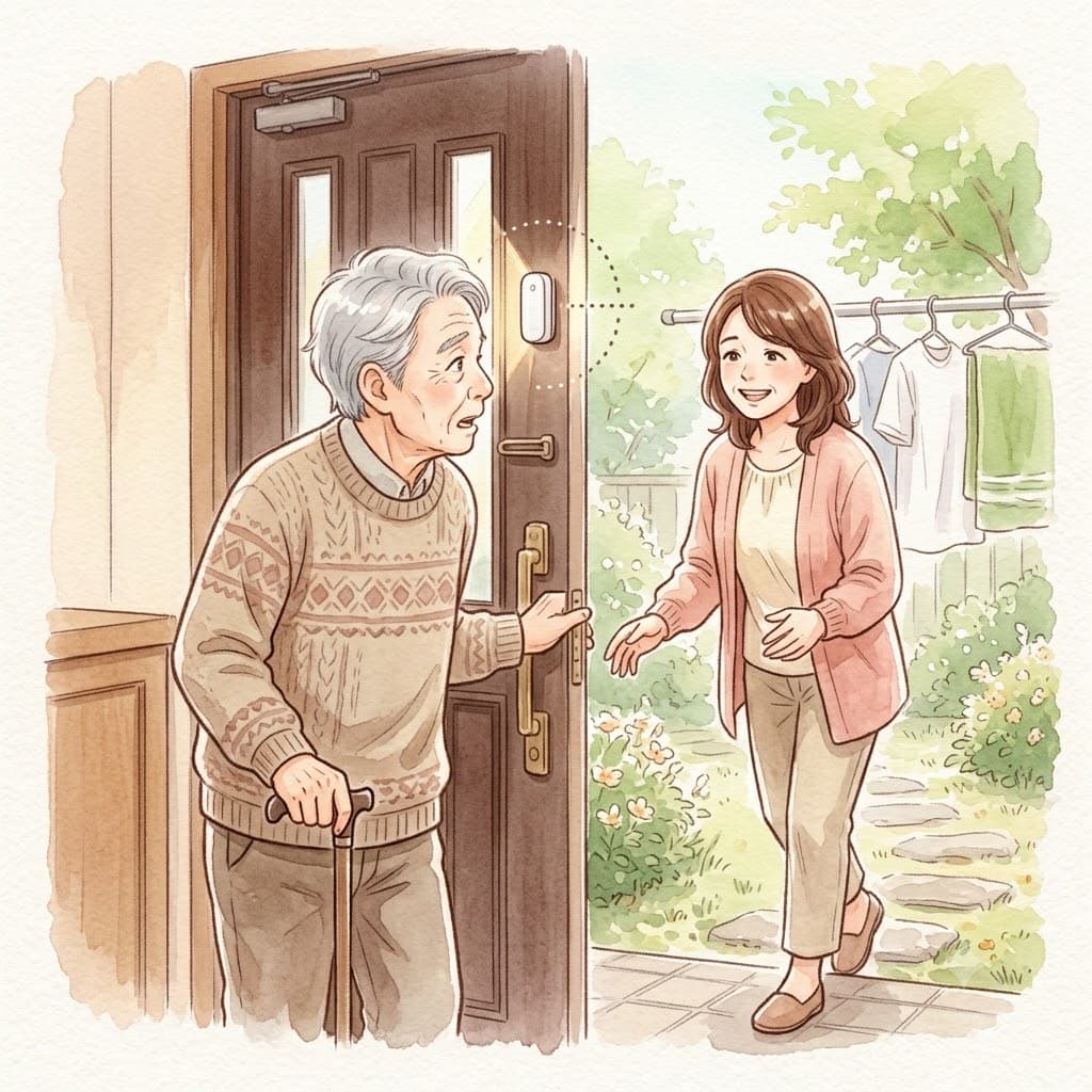 玄関を開けた瞬間にセンサーが反応し家族が気づいて駆け寄る場面のイラスト