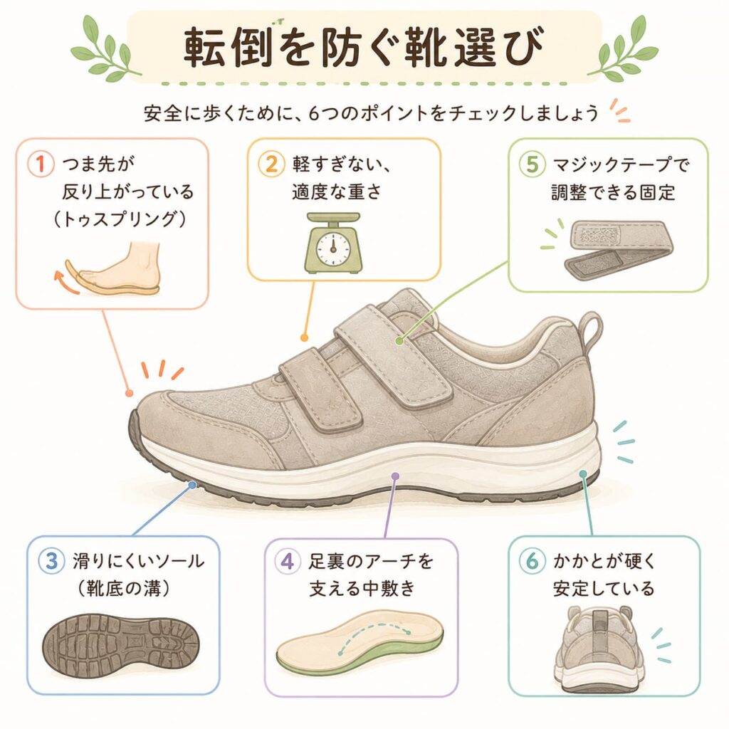 転倒を防ぐ靴選び6つのチェックポイントを示した説明図