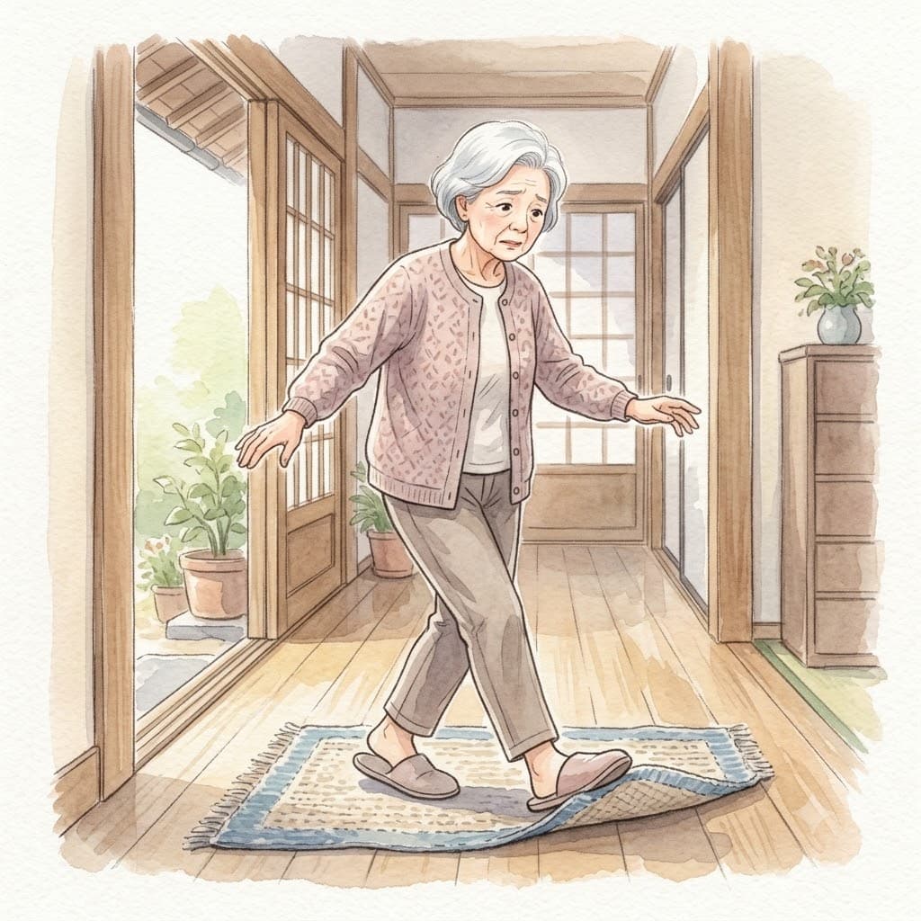玄関先でわずかな段差につまずきかける高齢女性のイラスト