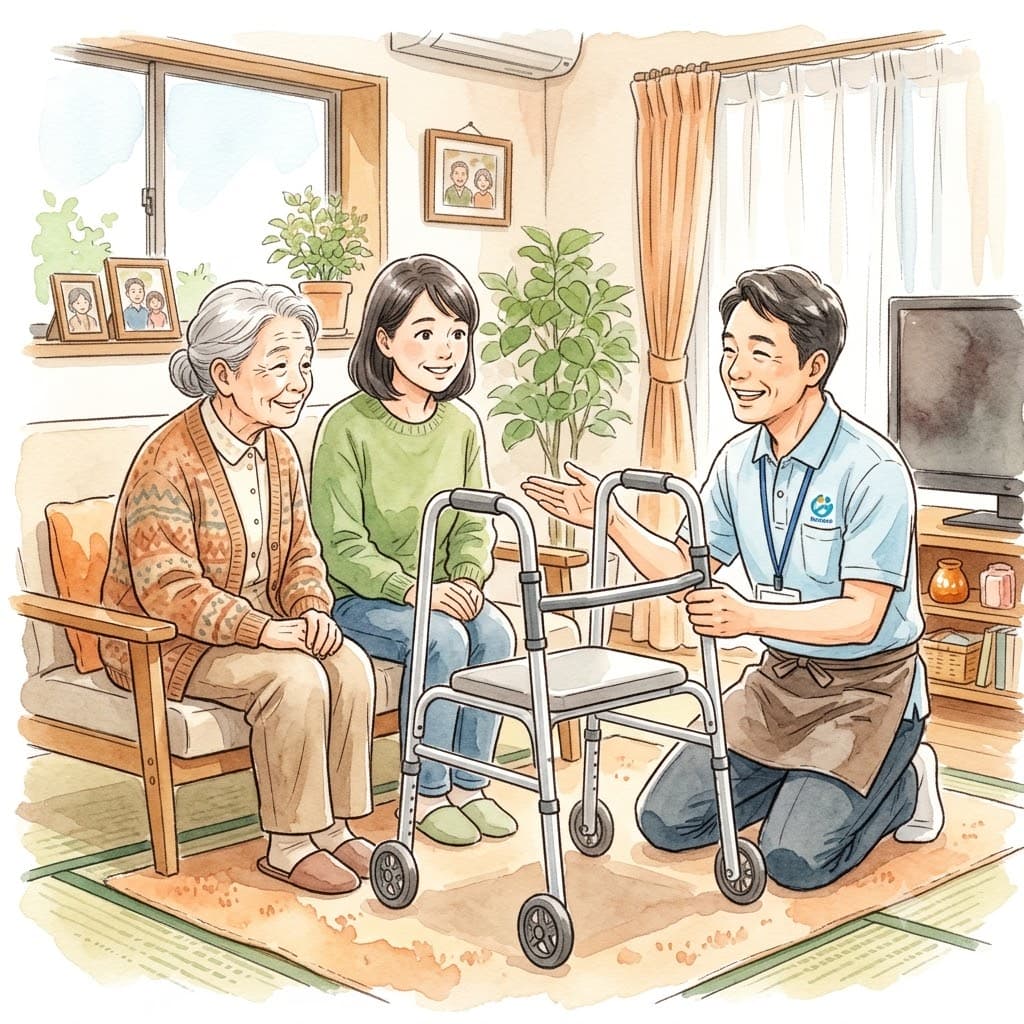 福祉用具専門相談員に歩行器の選び方を相談する高齢女性と家族のイラスト