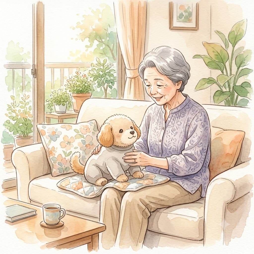 部屋でペット型ロボットに話しかけてほほ笑む高齢の女性のイラスト