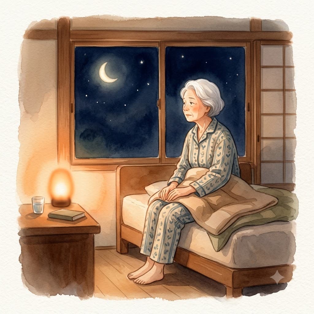 夜中にベッドから起き上がり暗い窓の外を見る高齢女性(昼夜逆転のイメージ)