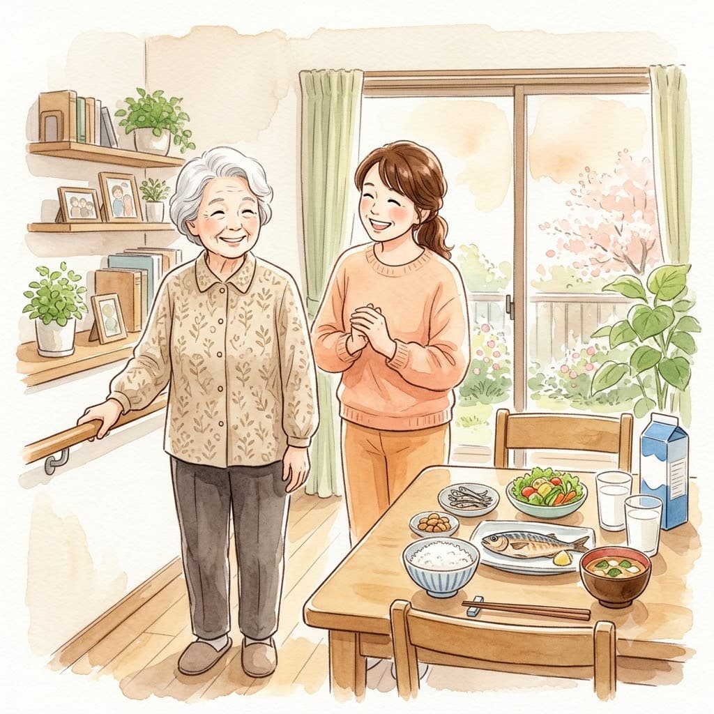 手すりに手を添えて無理なく体を動かす高齢女性と、栄養に配慮した食事を用意して見守る娘