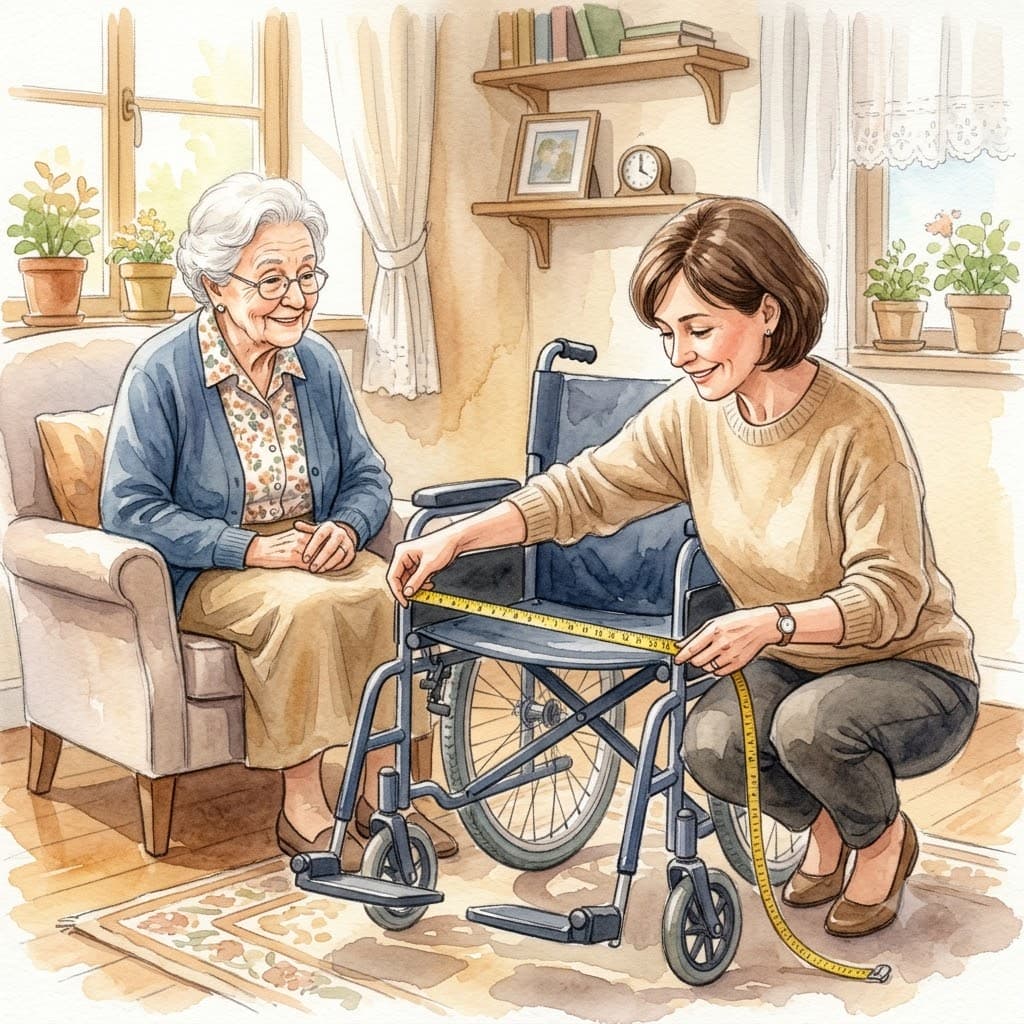 車椅子の座面の幅をメジャーで測る家族