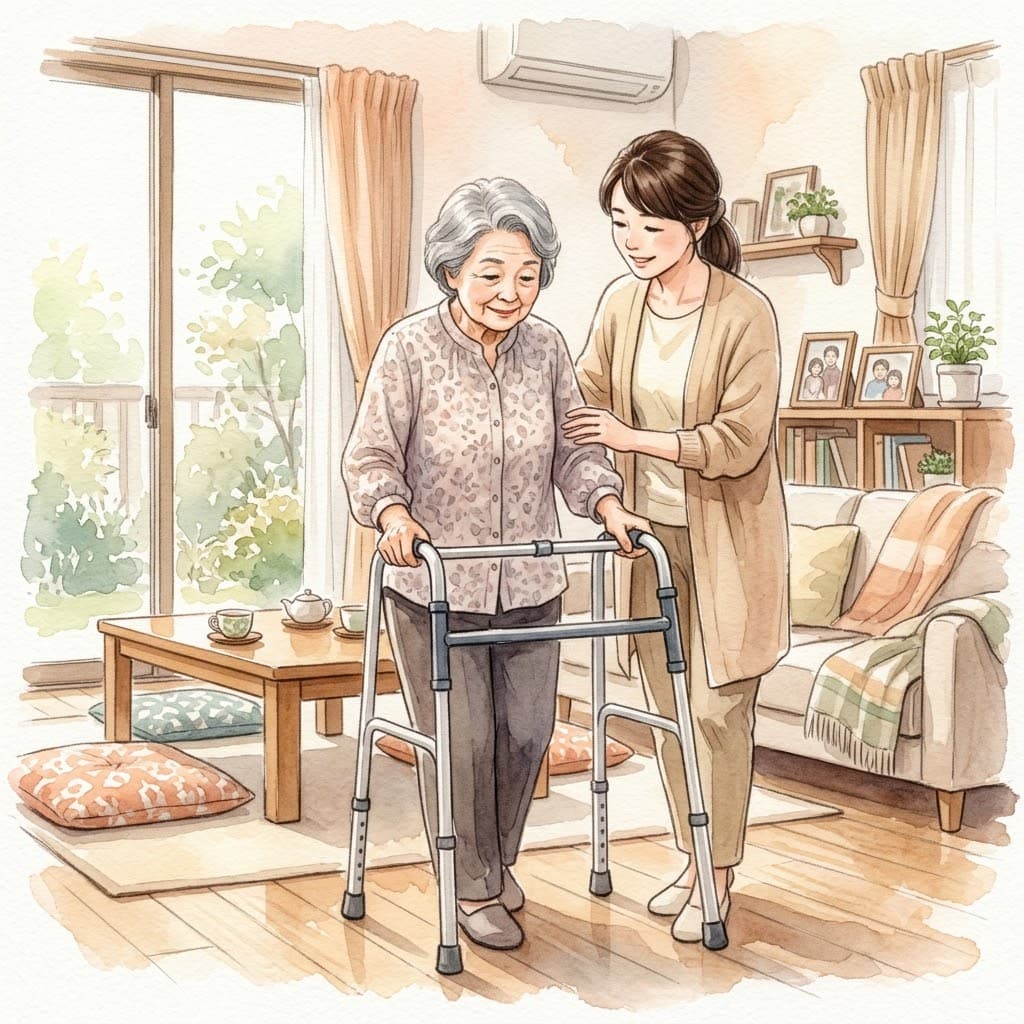 歩行器で歩こうとする高齢の母を見守る娘