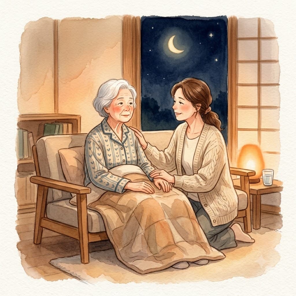 夜中に起き出した母親にやさしく寄り添い声をかける家族