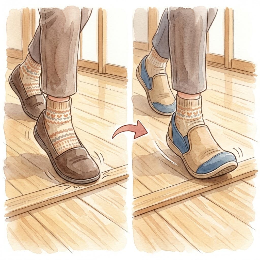つま先が反り上がった靴ですり足でもつまずきにくい高齢者の足元