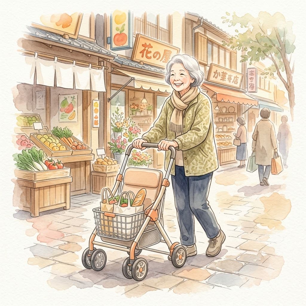軽量シルバーカーで買い物や散歩を楽しむ高齢女性