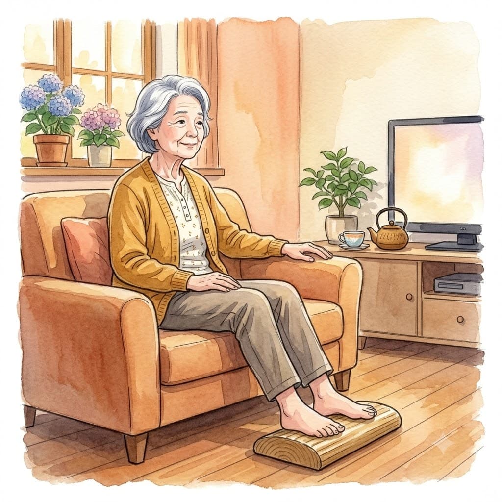 リビングでテレビを見ながら青竹踏みをする高齢女性