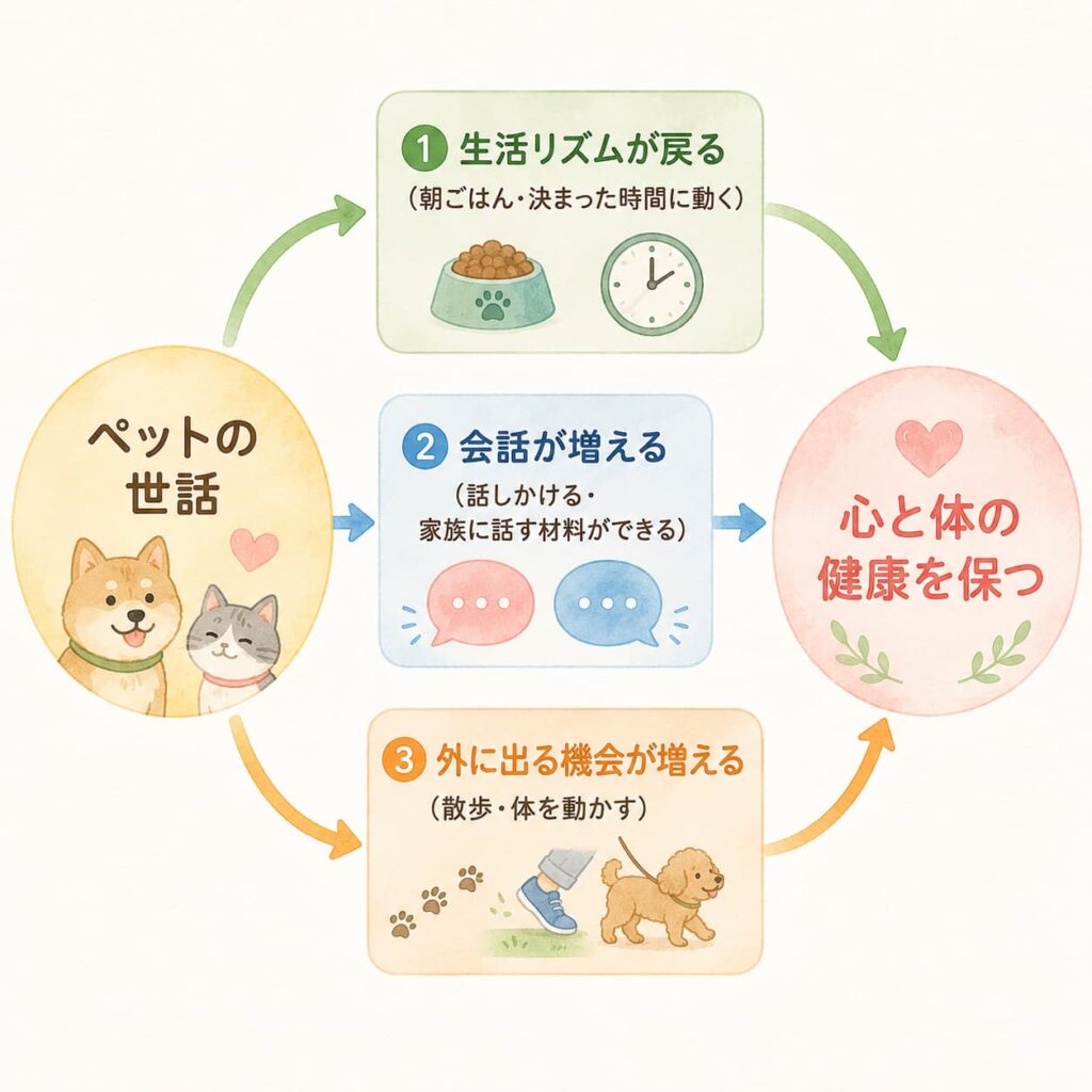 ペットの世話が生活リズム・会話・外出を通じて高齢者の心身の健康を保つ仕組みを示した図