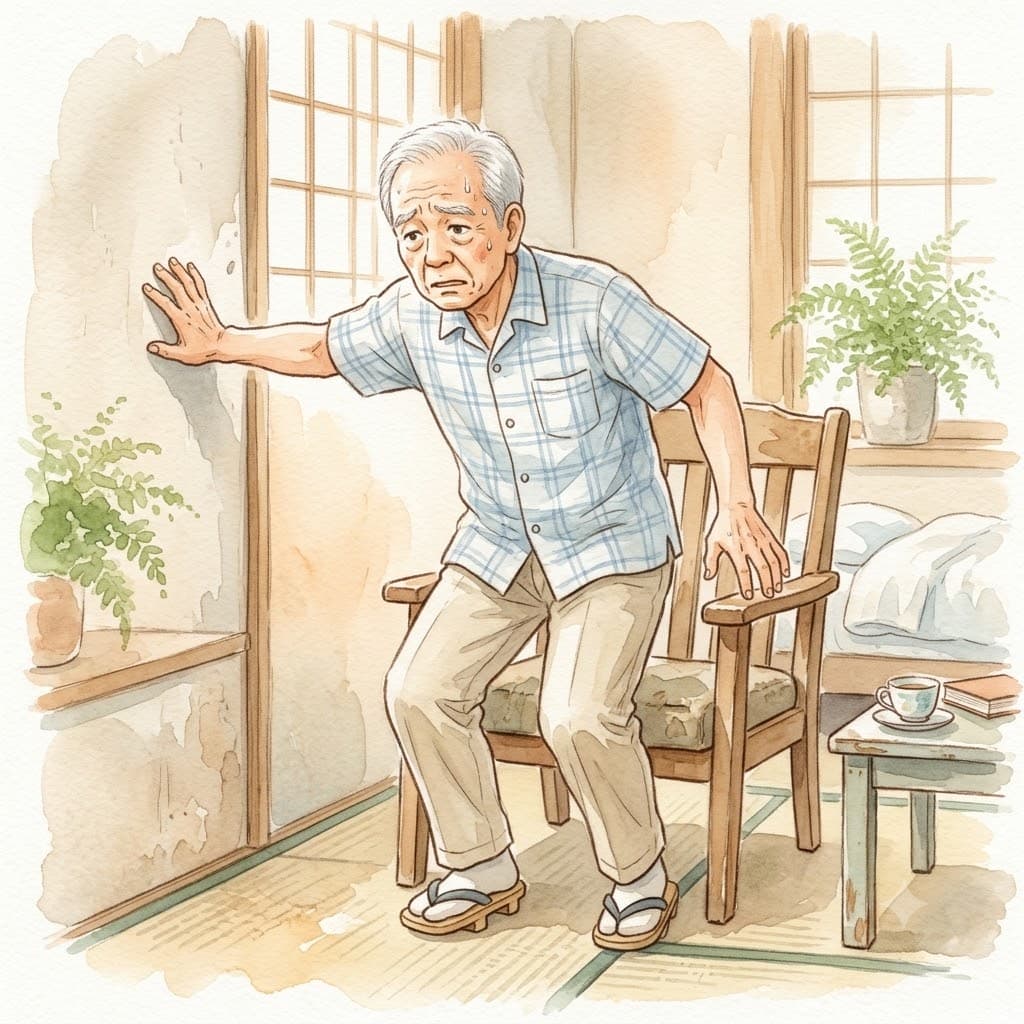 室内で立ち上がろうとしてふらつく高齢男性のイラスト