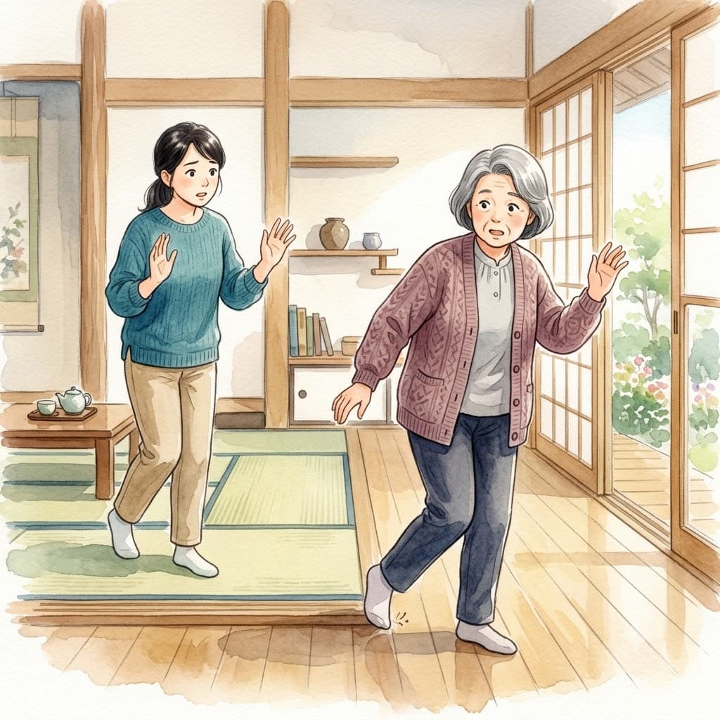和室で何もない床につまずいてよろける高齢の女性と、驚いて手を差し伸べる娘のイラスト
