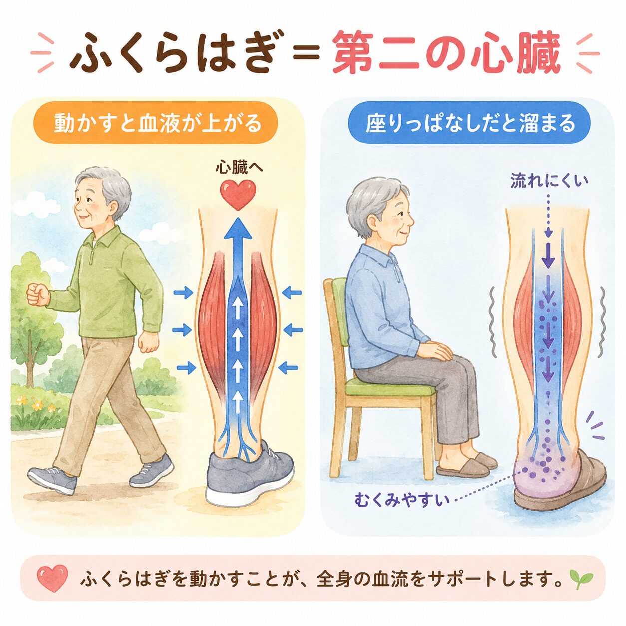 ふくらはぎの筋肉が動くと血液が心臓へ押し上げられ、座りっぱなしだと足に溜まる仕組みを示した図解