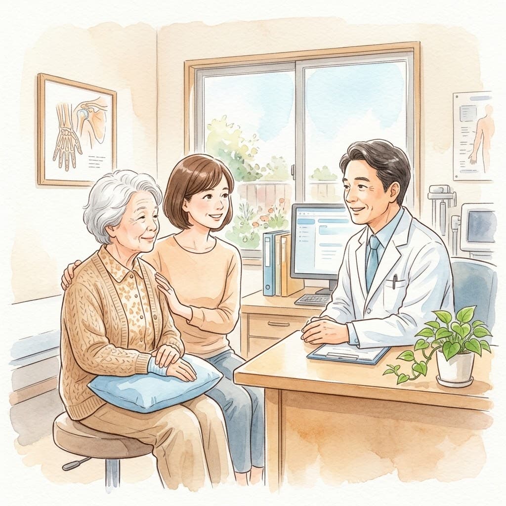 整形外科の診察室で医師に相談する高齢の女性と付き添いの娘