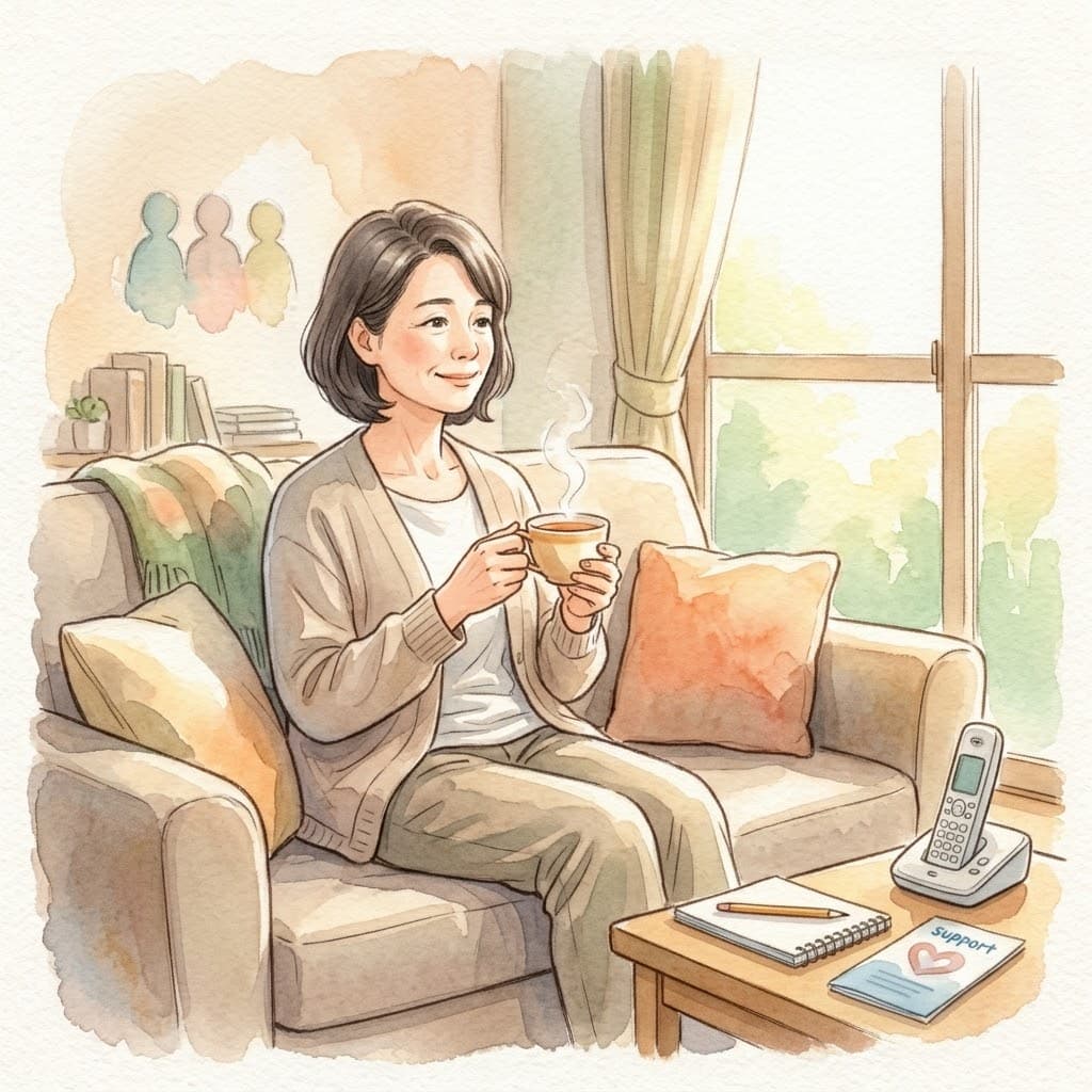 介護に疲れた家族がお茶を飲んで一息つき休息する様子