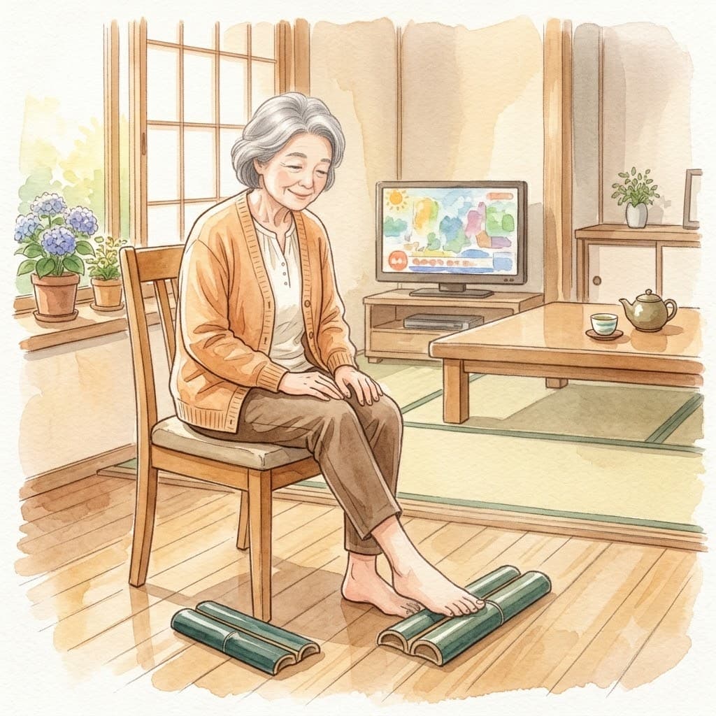 椅子に座って青竹踏みを行う高齢者