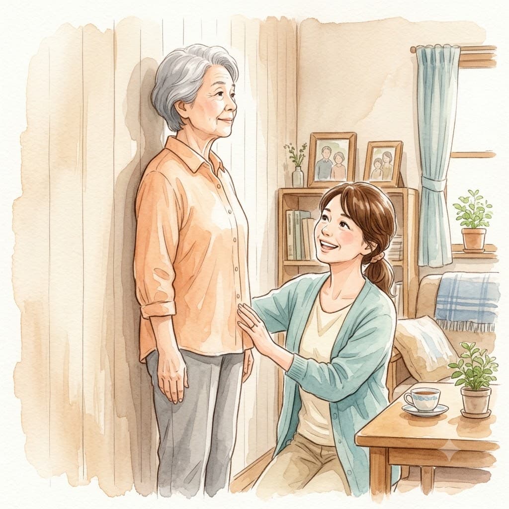 壁に背中をつけて後頭部が離れていないか姿勢をチェックする高齢女性と付き添う家族