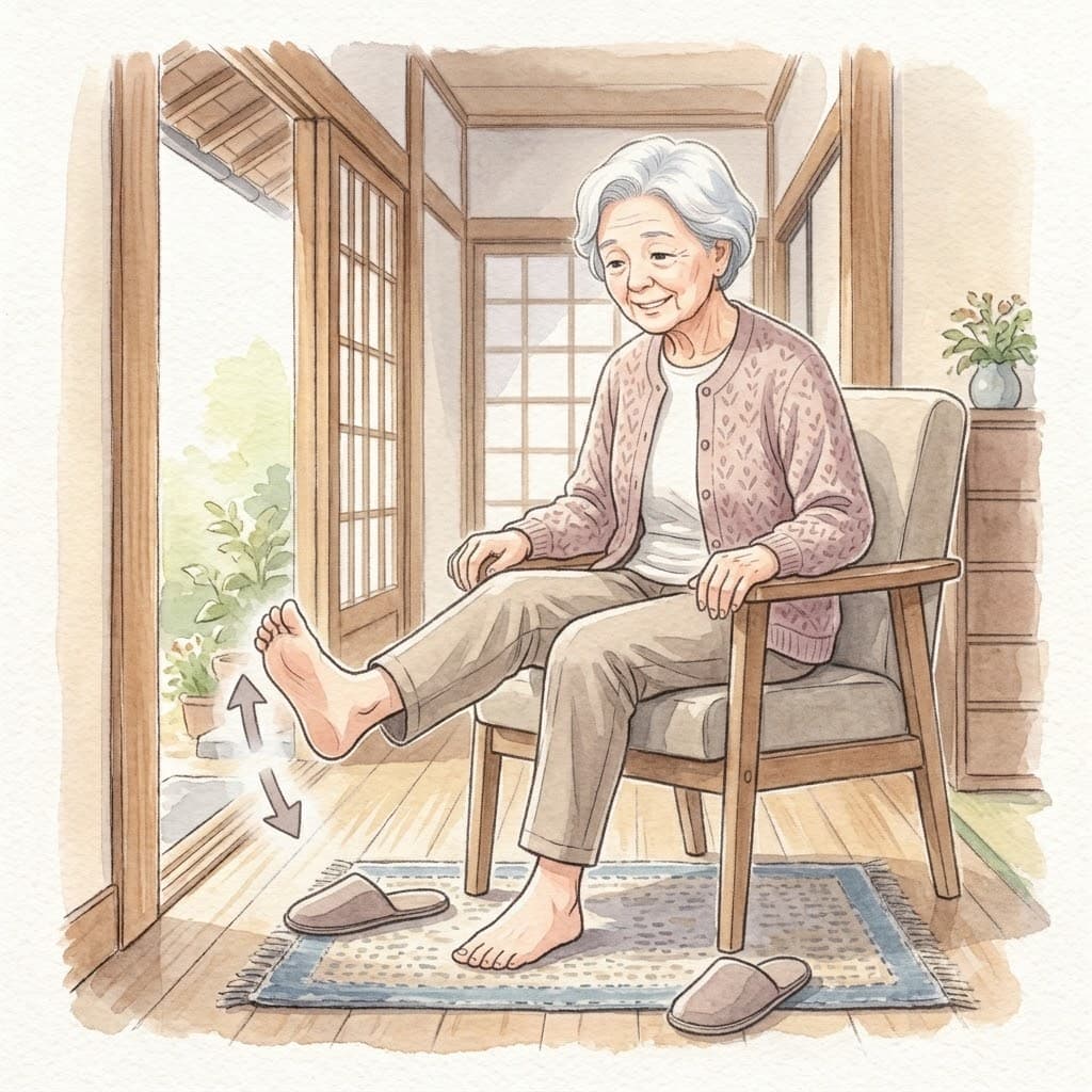椅子に座ってつま先を上げ下げする運動をする高齢女性のイラスト