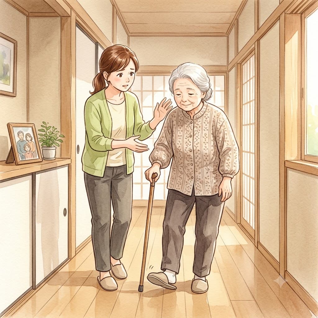 自宅の廊下で平らな床につまずきかける高齢女性と見守る娘のイラスト